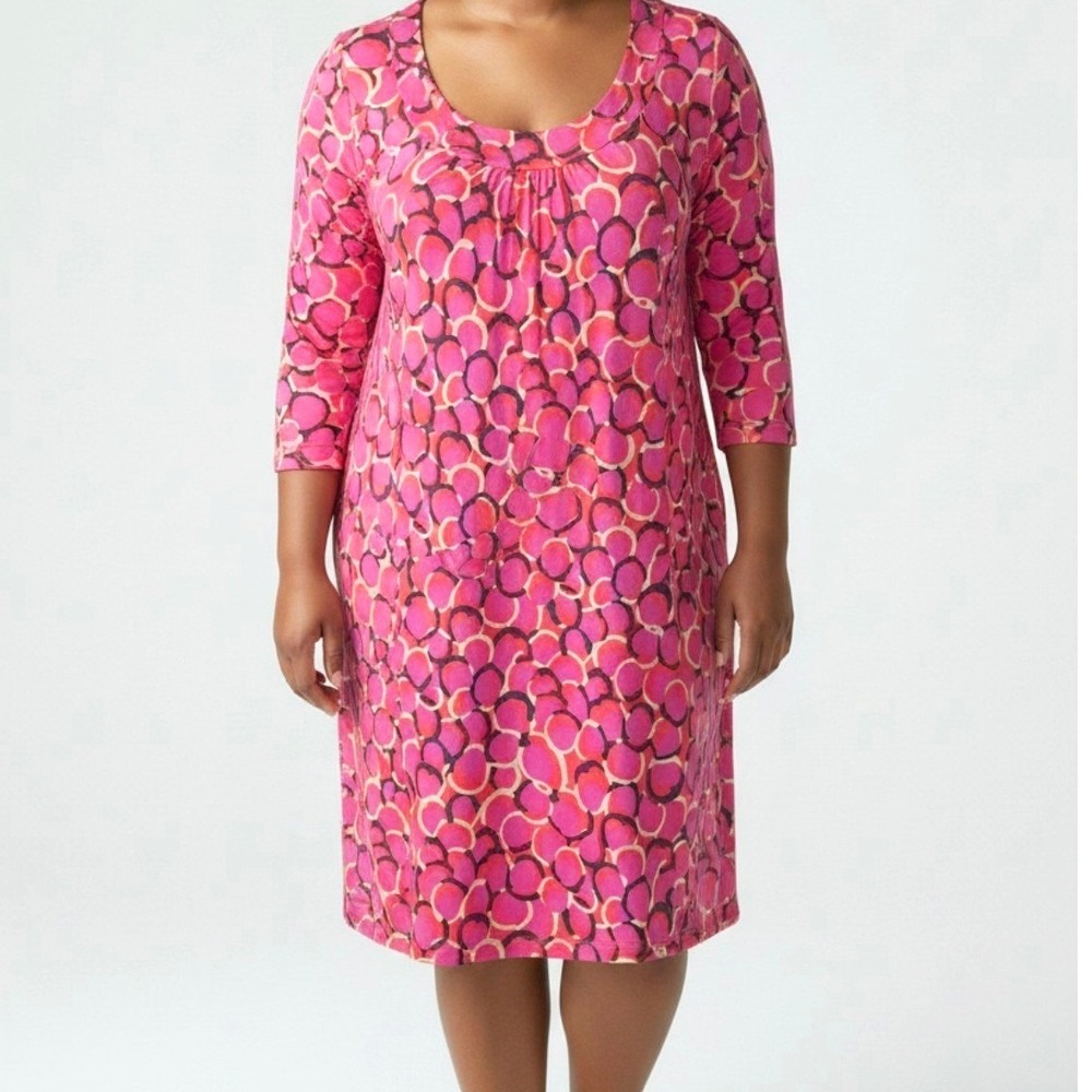 Boden Pink Orange Abstract Circle Print Jersey Shift‎ Dress 3/4 Sleeve US 18